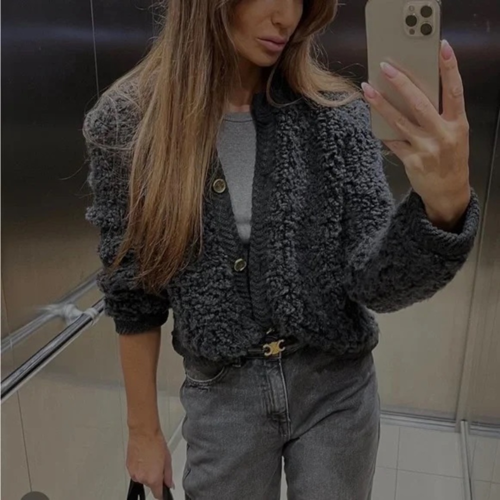 Massimo Dutti Dark Gray Boucle Teddy Textured Cardigan